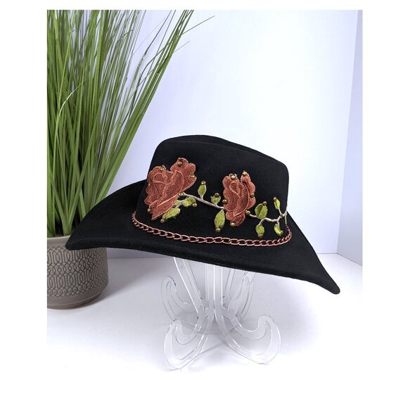 SCALA 100% Wool Felt Western Wear Cowgirl Hat Black Pink Rose Applique\' One Size